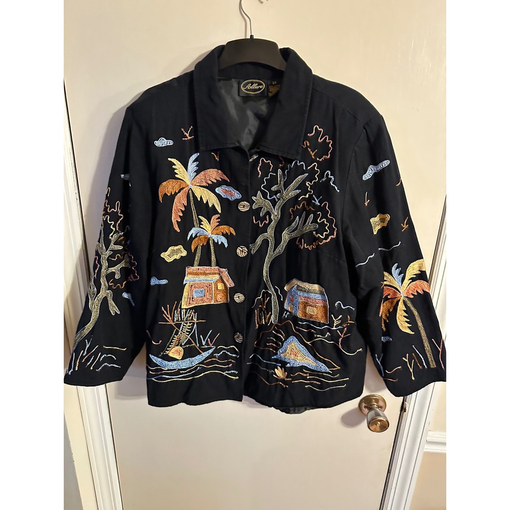 Vintage Allure Embroidered Tropical Scene Black Button Up Jacket‎ 1X Woman's
